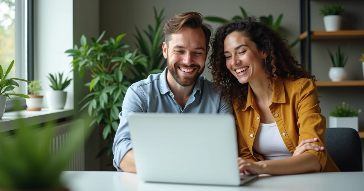 Pequenos empresários felizes conferindo o resultado de campanhas de mensagens automáticas no WhatsApp pelo notebook. 