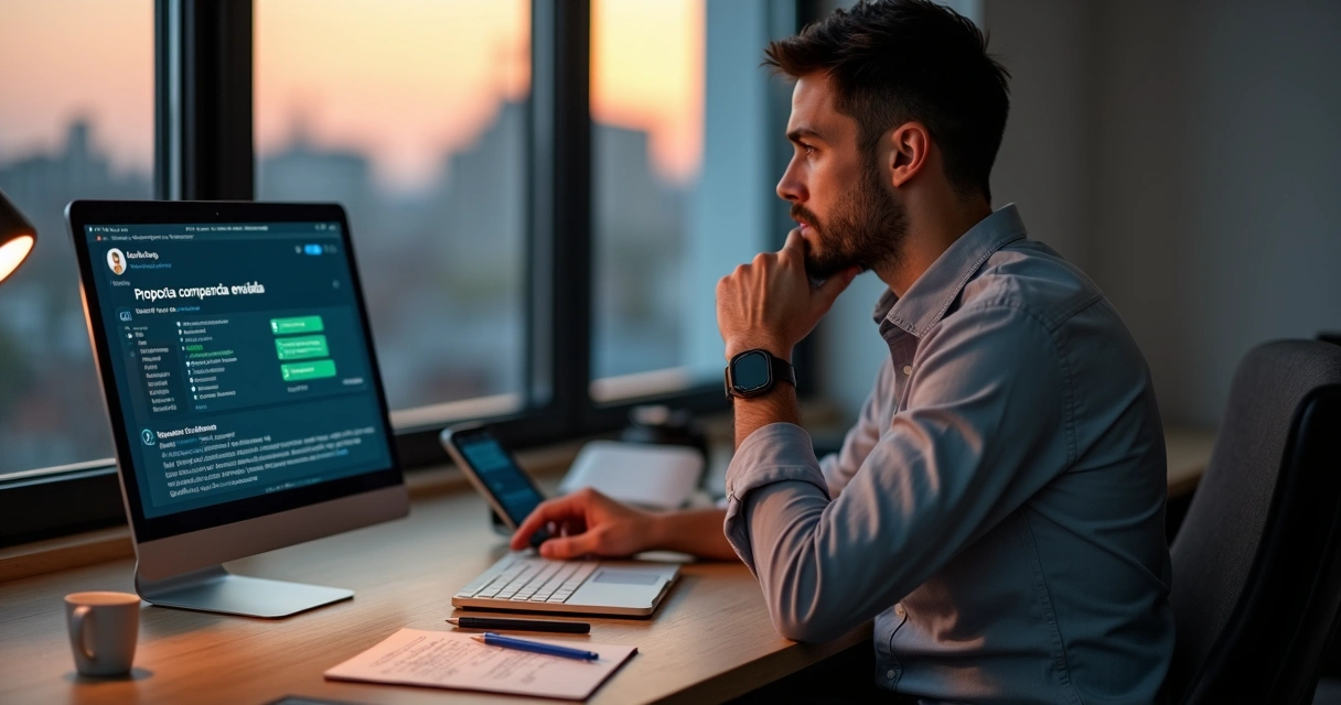 Empresário olhando tela de notebook com proposta enviada e dúvida sobre próximo passo 