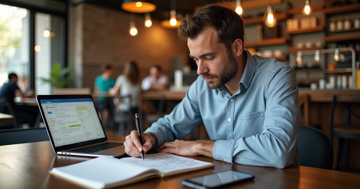 Empresário em cafeteria organizando follow-up de propostas no notebook e celular 