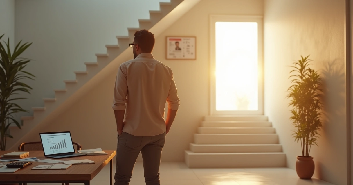 Empresário brasileiro em escritório olhando para escada que leva a porta de luz 