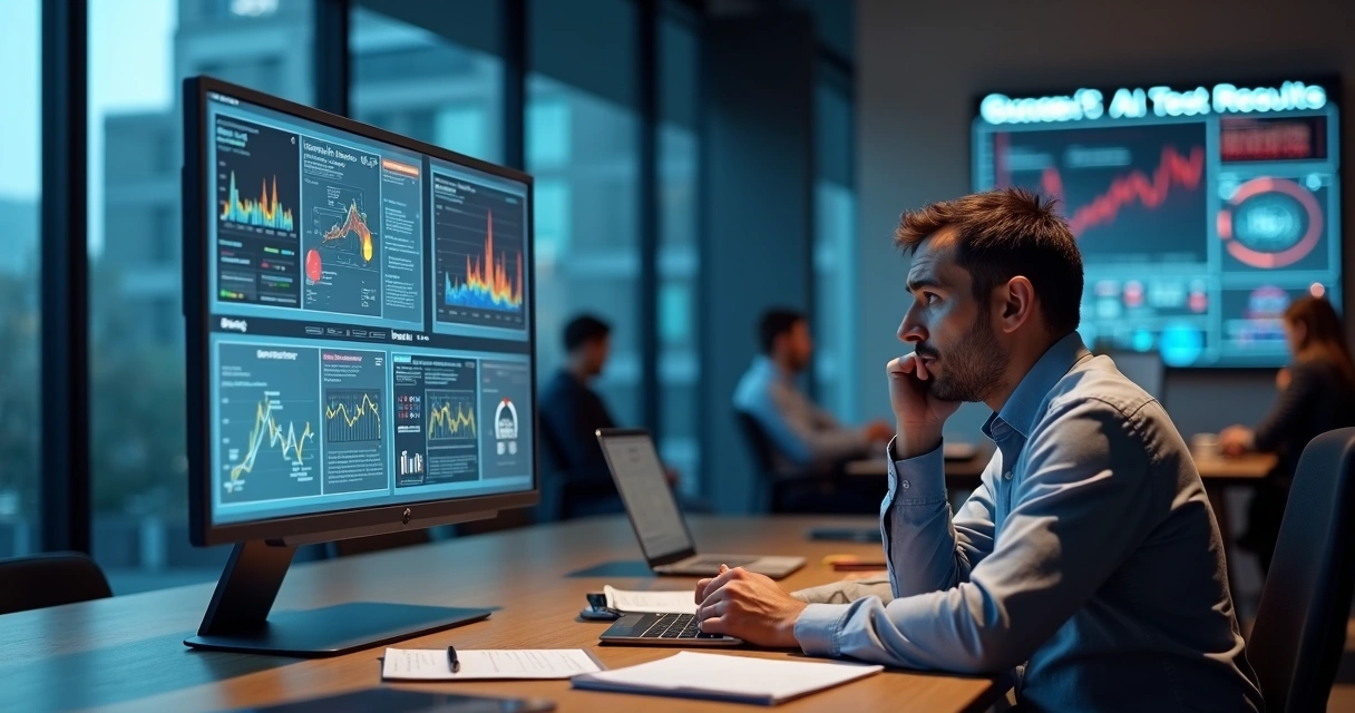 Empresário frustrado olhando para tela com gráficos de IA confusos 