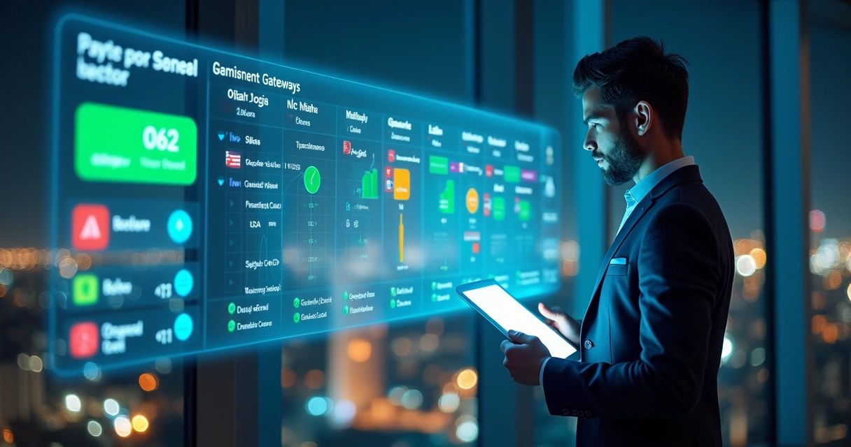 Empresário segurando tablet com comparação de gateways de pagamento para Shopify em grande painel digital 