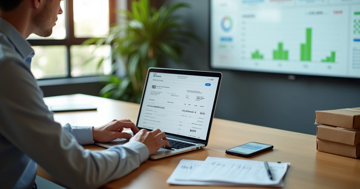 Empresário gerando boletos online em notebook com tela destacando código de barras 