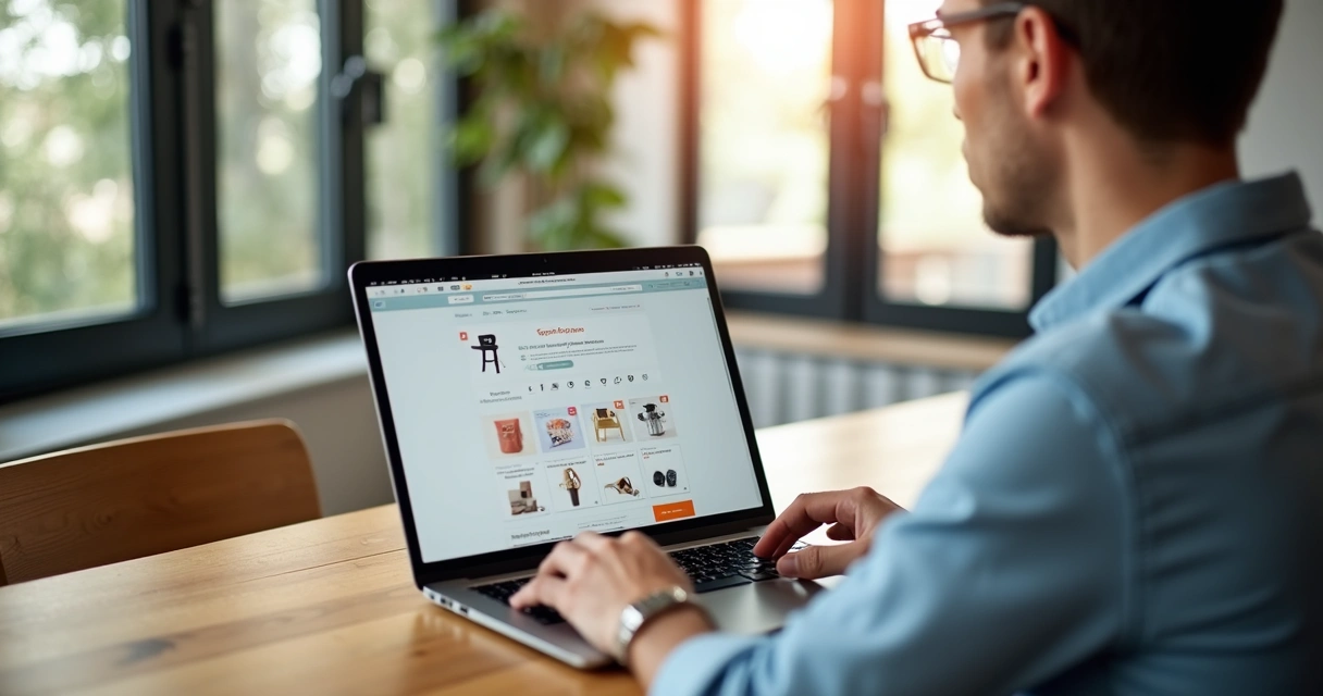 Pessoa usando notebook atualizando informações de site comercial em ambiente descontraído. 