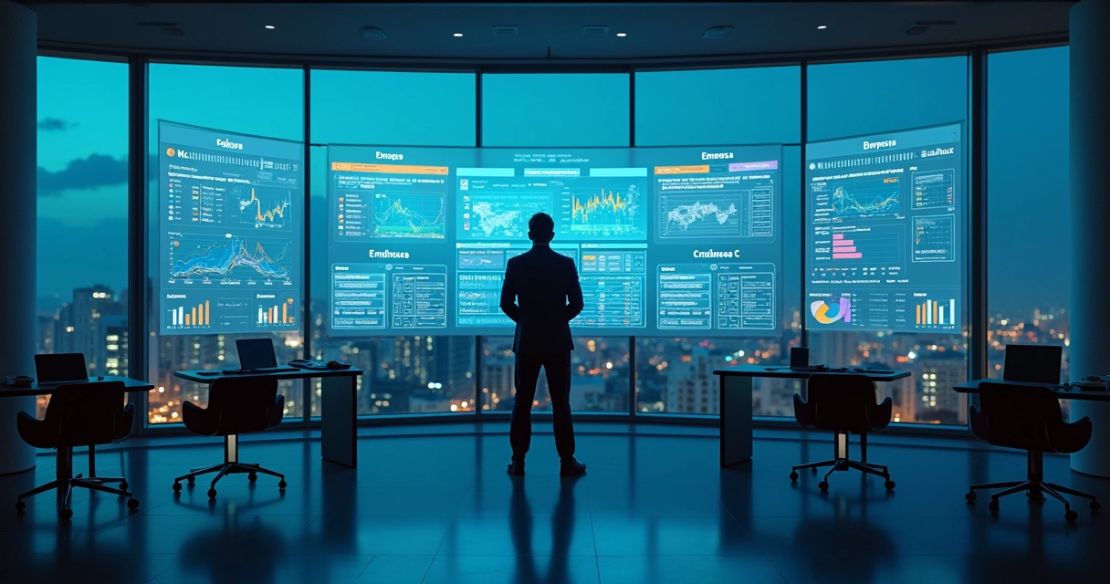 Empresário em sala de comando visualizando múltiplas empresas em um único painel de controle 