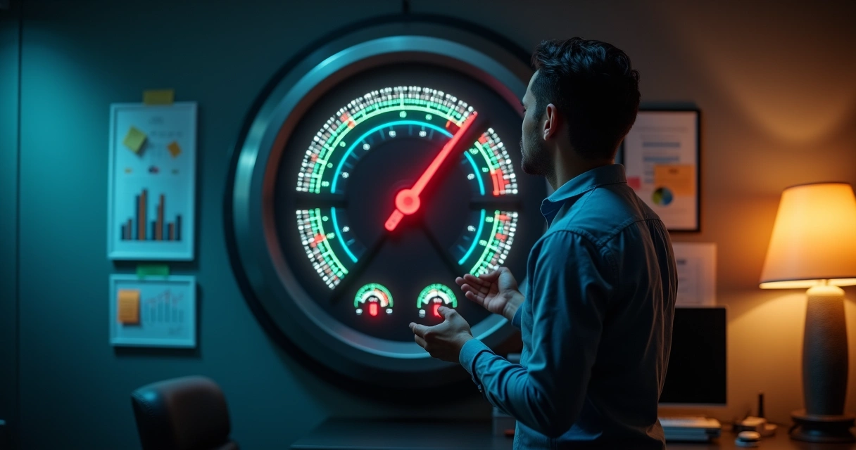 Empresário pequeno empresário gira um grande ponteiro em um painel com indicadores de desempenho 