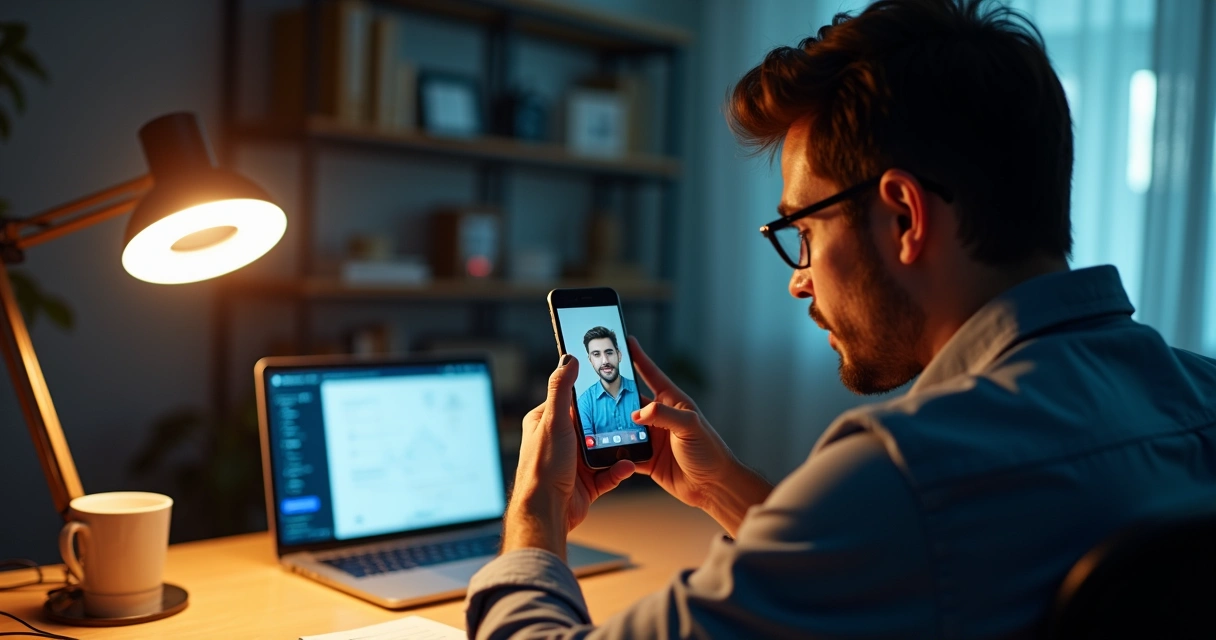 Empresário gravando vídeo de vendas curto com celular na mesa 