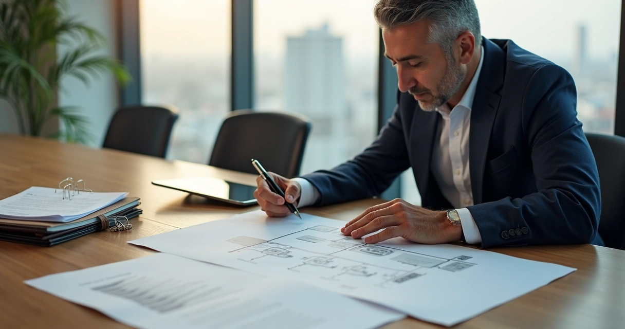 Empresário brasileiro revisando estrutura de holding familiar em mesa com documentos 