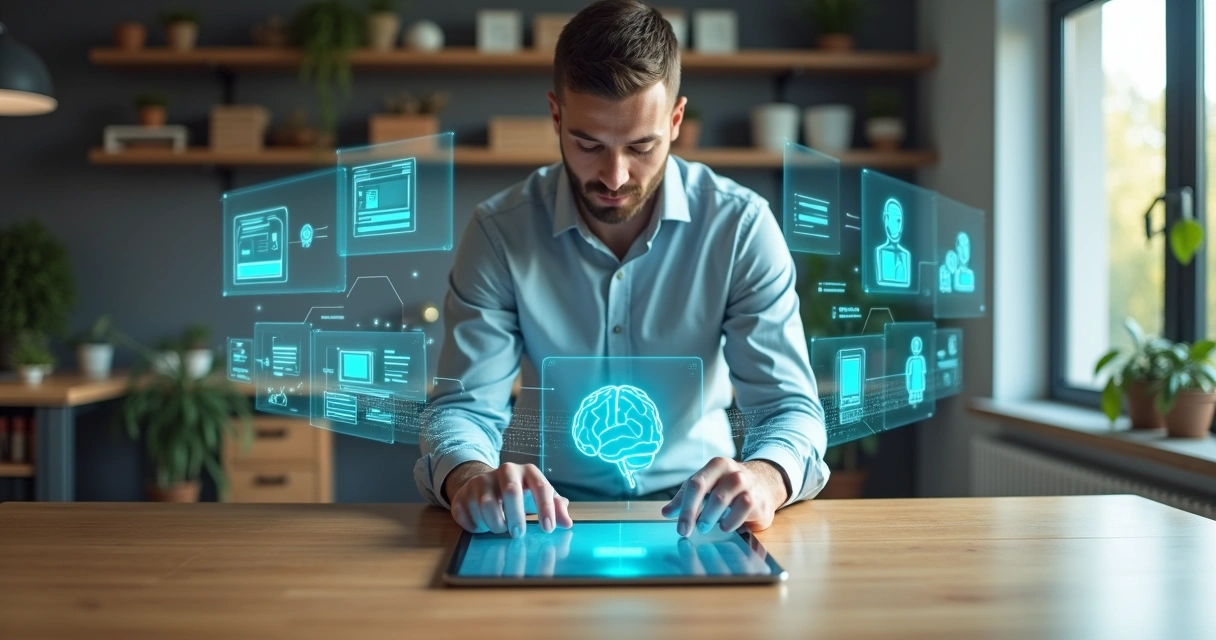 Empresário cercado por ícones de inteligência artificial analisando dados de negócios 