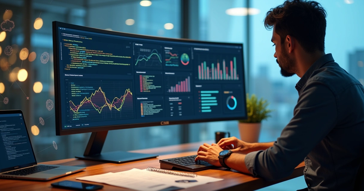 Empresário observando painel de inteligência artificial em escritório moderno 