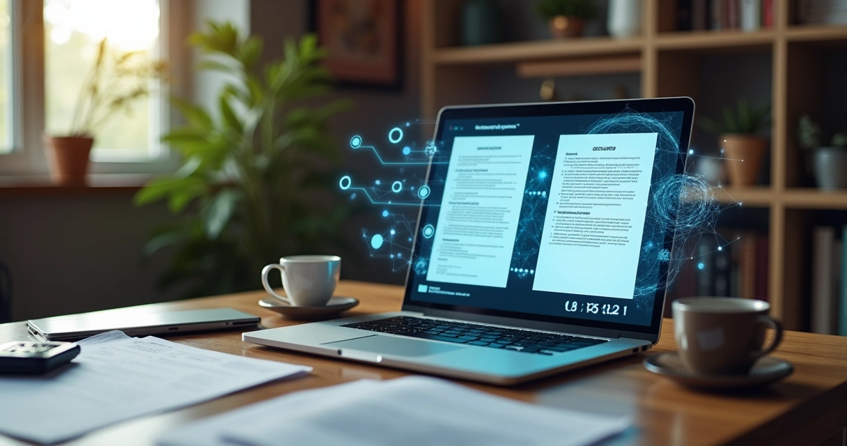 Empresário ajustando proposta comercial num notebook com interface de IA em escritório moderno 
