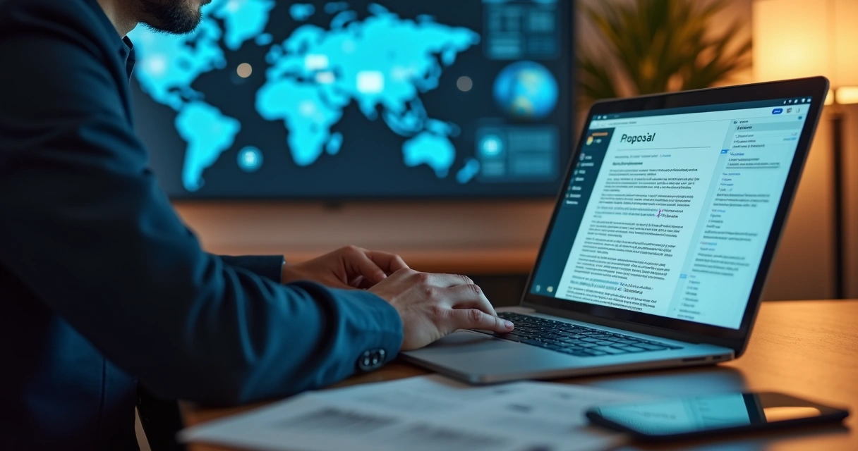 Empresário usando IA generativa para criar proposta comercial no notebook 