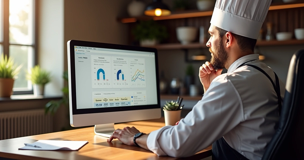 Empresário do setor alimentício analisando previsões de venda em tela de computador 