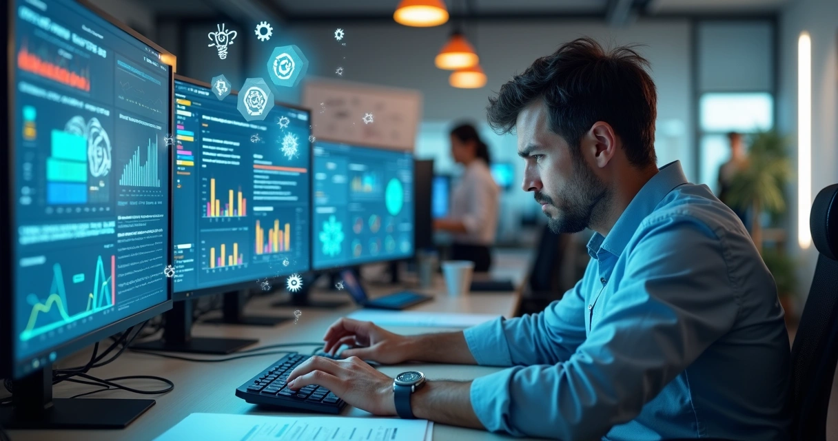 Empresário preocupado cercado por telas de software de IA 