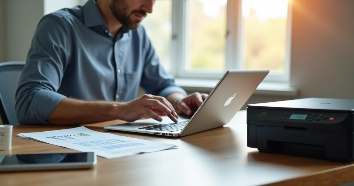 Pessoa analisando notebook, impressora e tablet juntos em mesa de escritório
