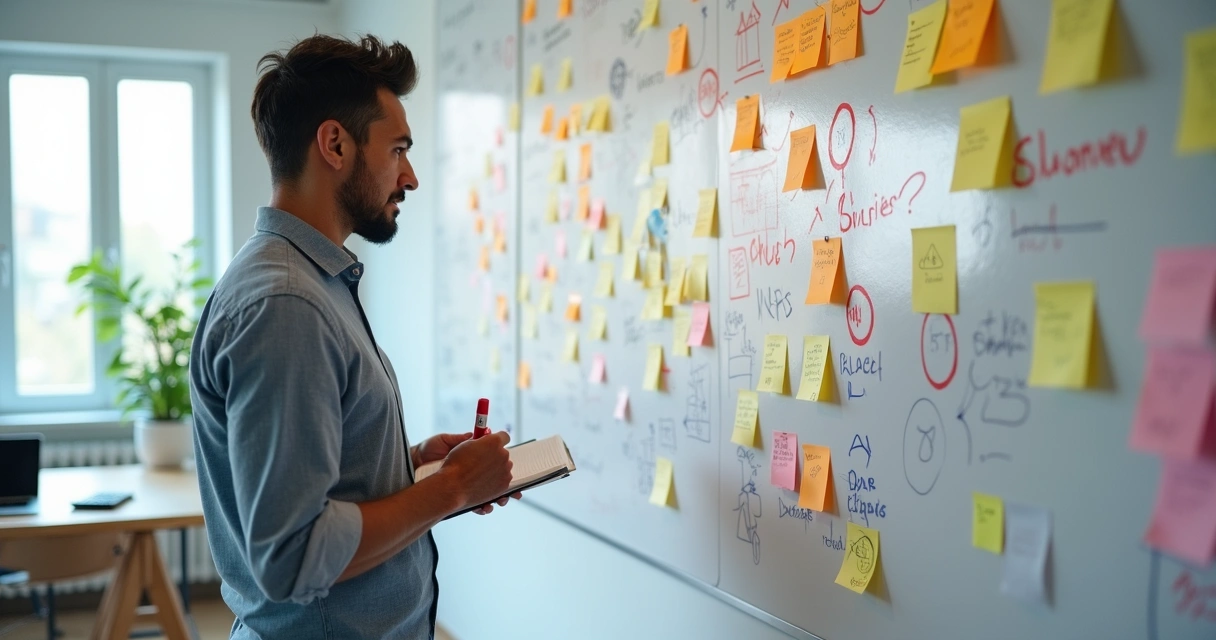 Empresário de PME seleciona sete indicadores financeiros em quadro branco 