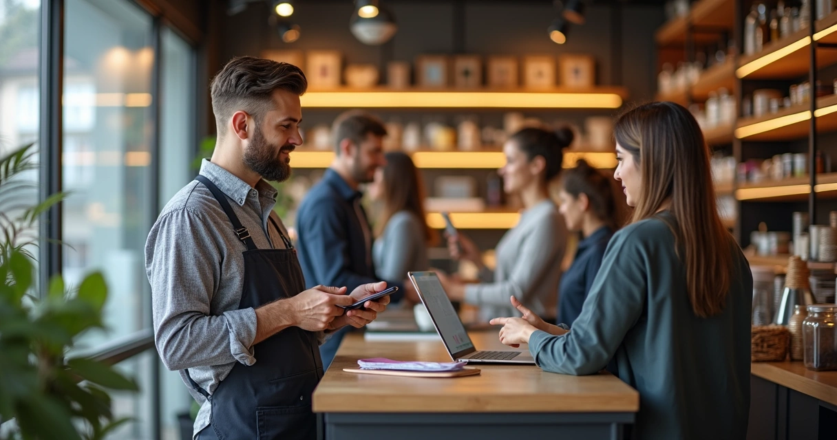 Empresário inovando em pequena loja com novas ideias 