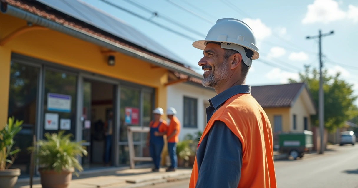 Proprietário de pequeno negócio acompanhando técnicos instalando painéis solares no telhado 