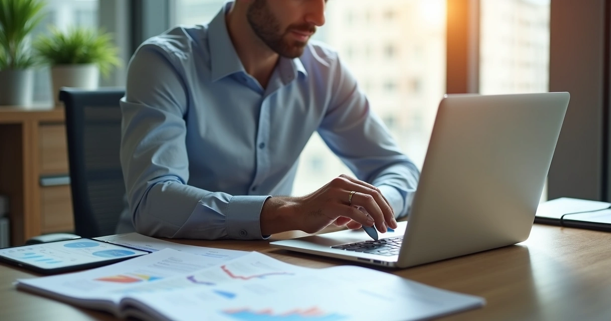 Homem instalando certificado digital em computador com documentos fiscais ao redor 