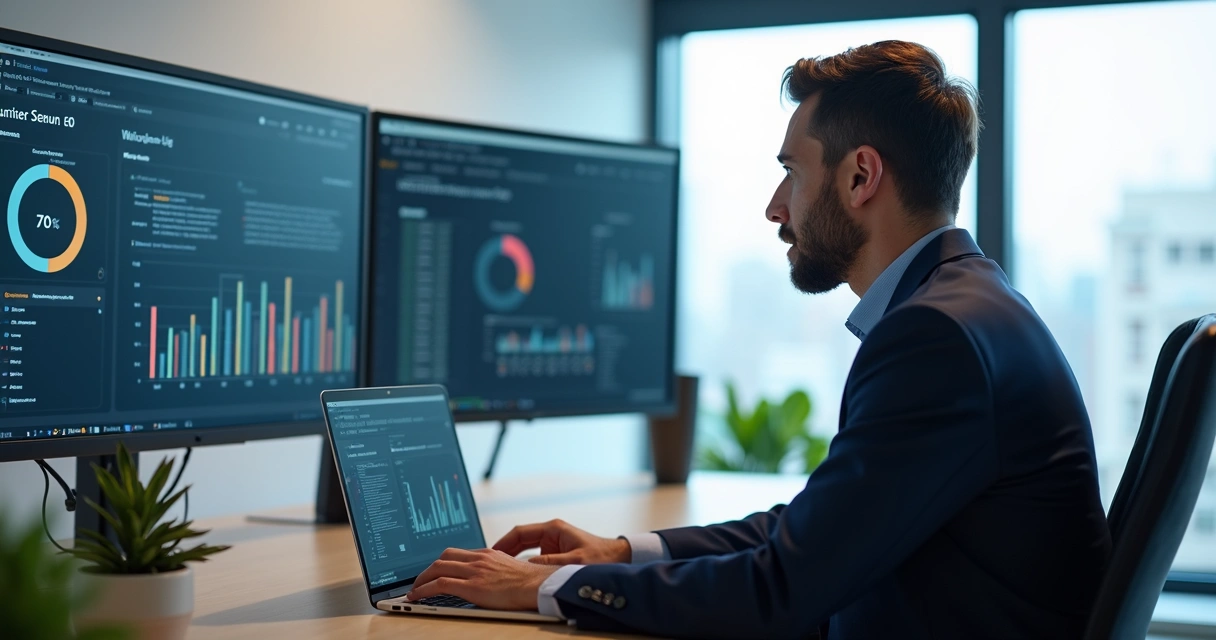 Empresário analisando relatórios de inteligência artificial 