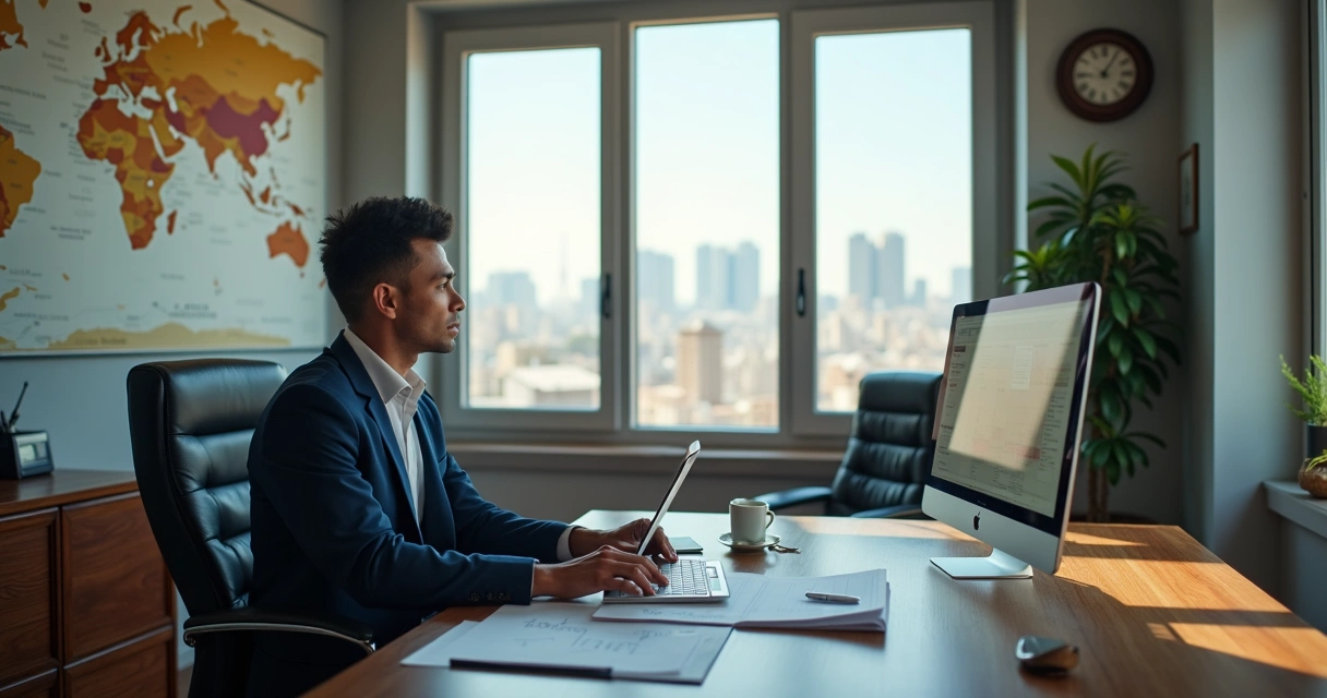 Empresário internacional trabalha em computador com vista para cidade estrangeira 