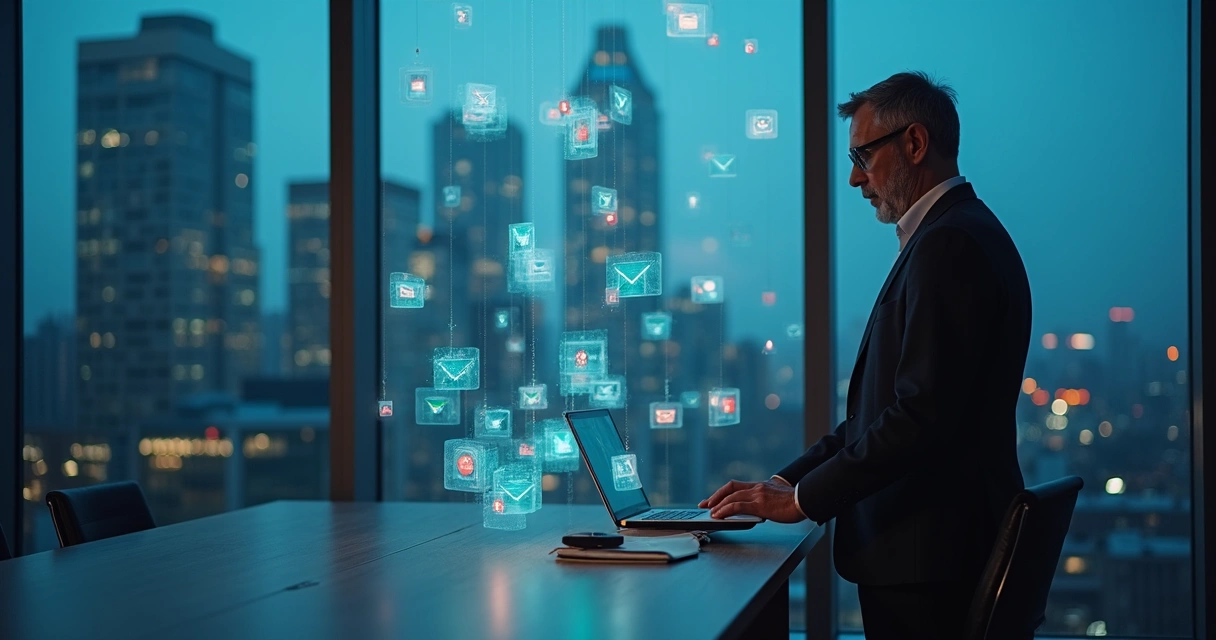 Empresário em escritório moderno cercado por ícones de e-mails como iscas digitais 