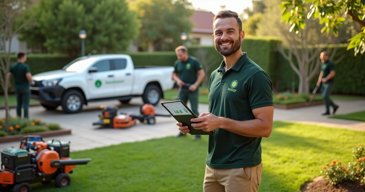 Empresário de jardinagem analisando rota e contratos pelo tablet em jardim residencial organizado 