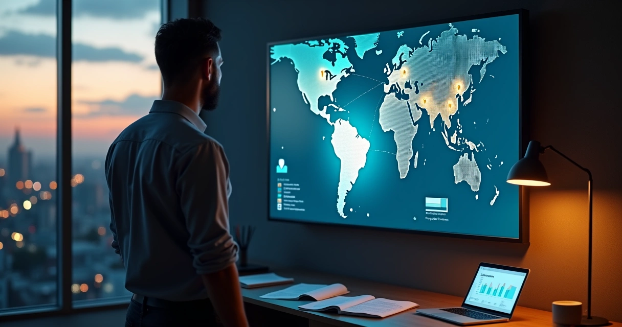 Empresário de PME analisando mapa do Brasil com linhas de expansão de mercado 