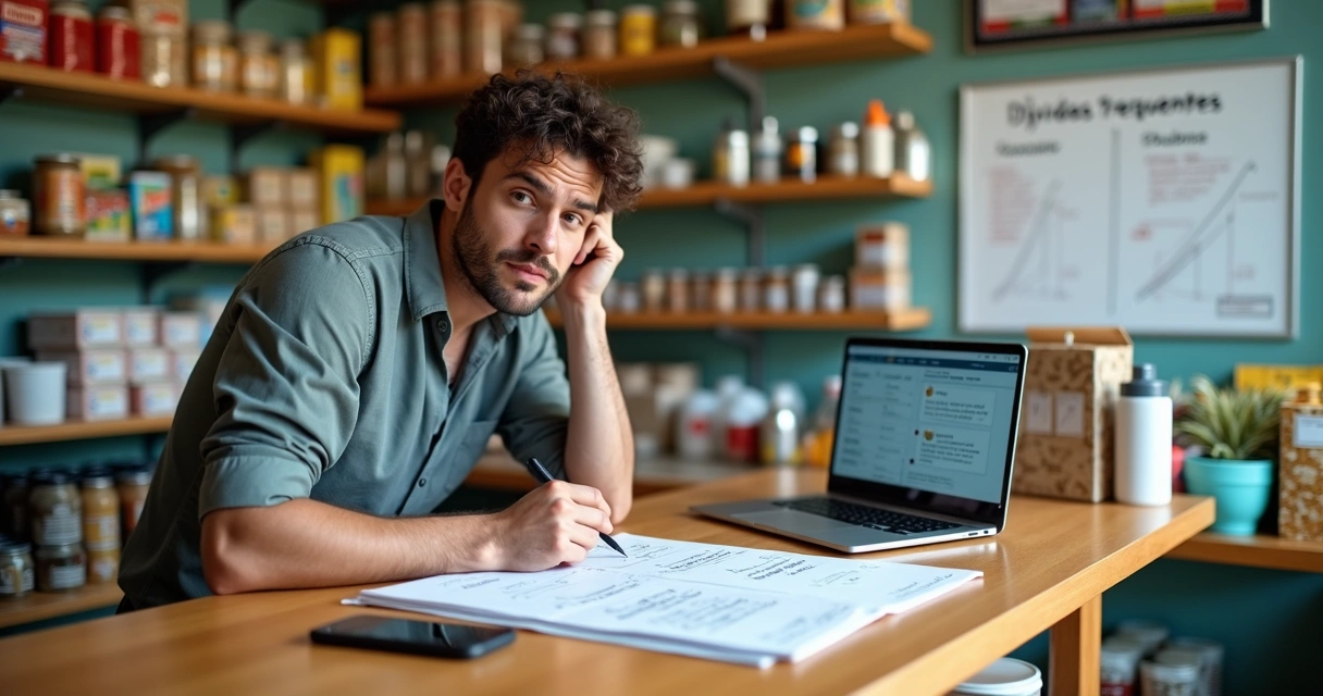 Empresário em pequeno mercado analisando anotações sobre atendimento ao cliente e chatbot de IA em um laptop 