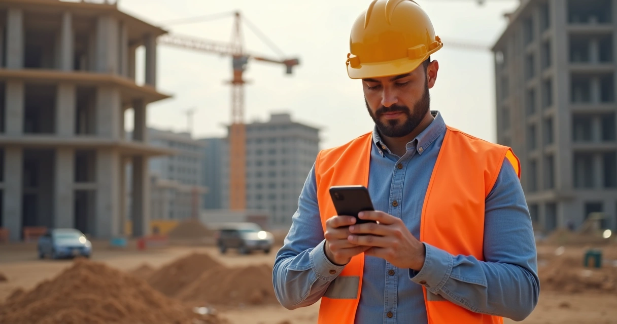 Profissional usando app Salesforce no celular, ambiente de construção 