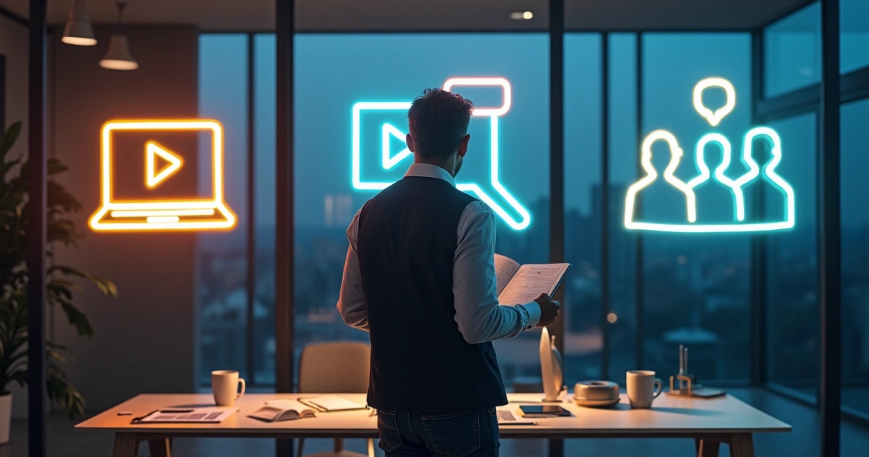 Empresário escolhendo entre diferentes formatos para monetizar conhecimento 