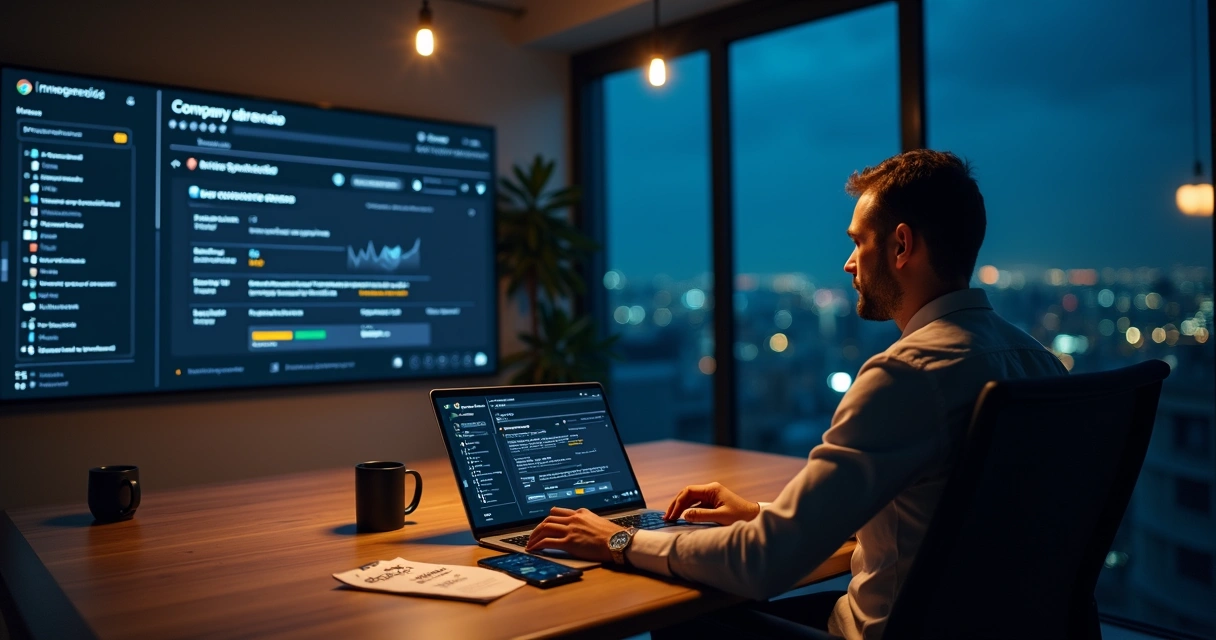 Empresário acompanhando avaliações online em painel digital de reputação 