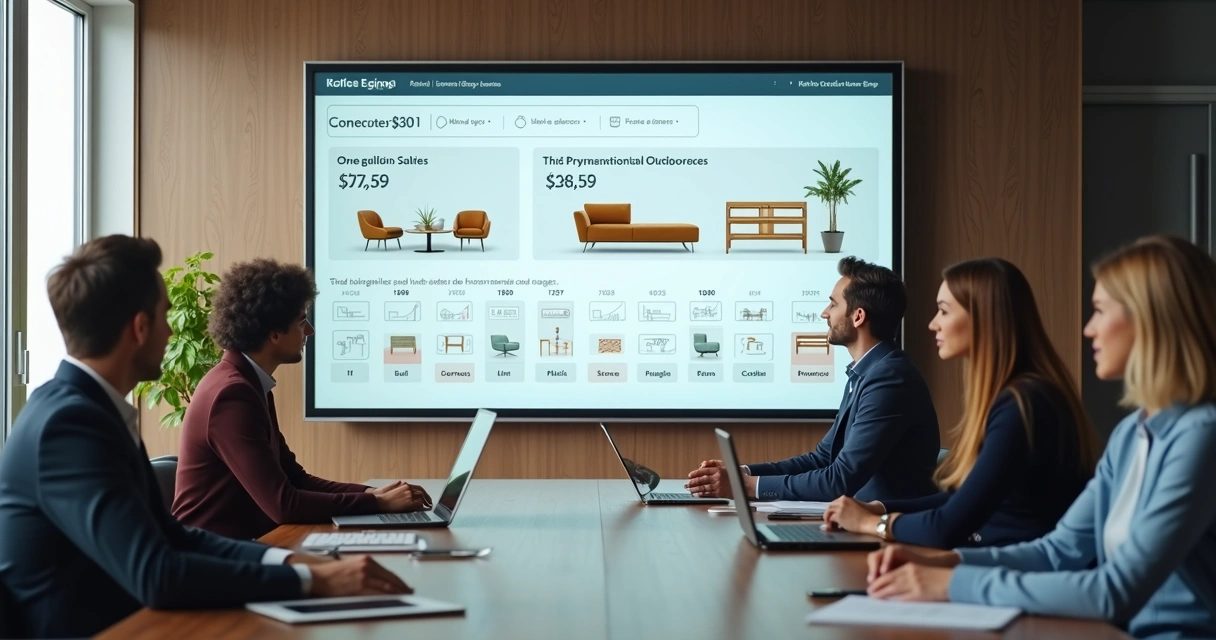 Empresário moveleiro em reunião analisando vendas em marketplace 