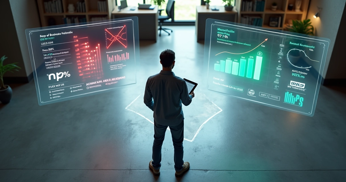 Empresário em encruzilhada olhando painéis com resultados divergentes 