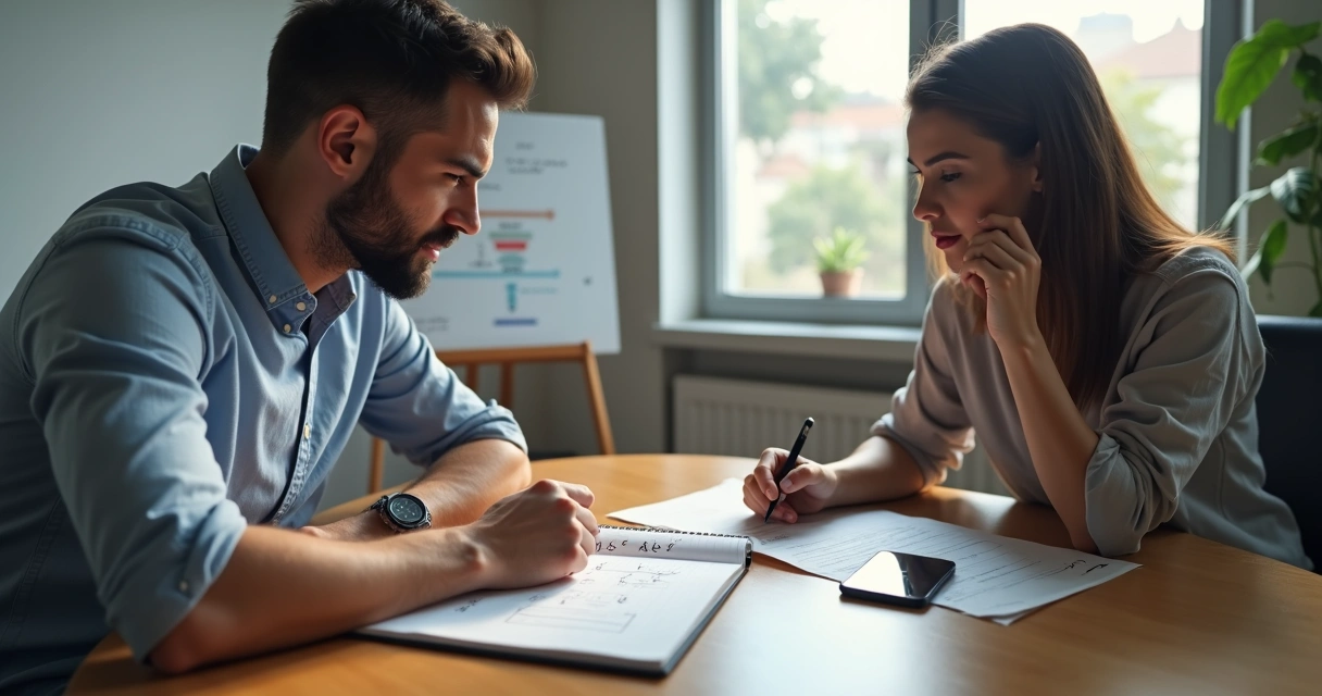 Empresário de PME em reunião de negociação com cliente apontando para bloco de notas com números rabiscados 