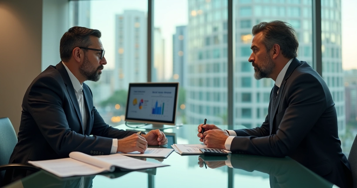 Empresário de PME negociando taxa com gerente em agência bancária moderna 