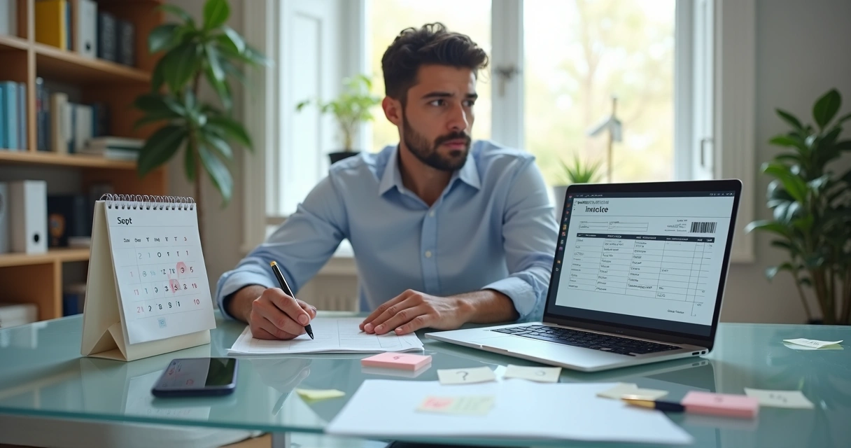 Empresário analisando nota fiscal eletrônica em frente a calendário 