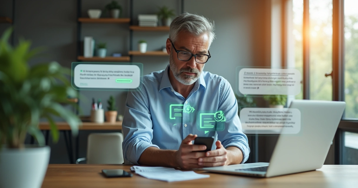 Homem com notebook recebendo mensagens automáticas no WhatsApp 