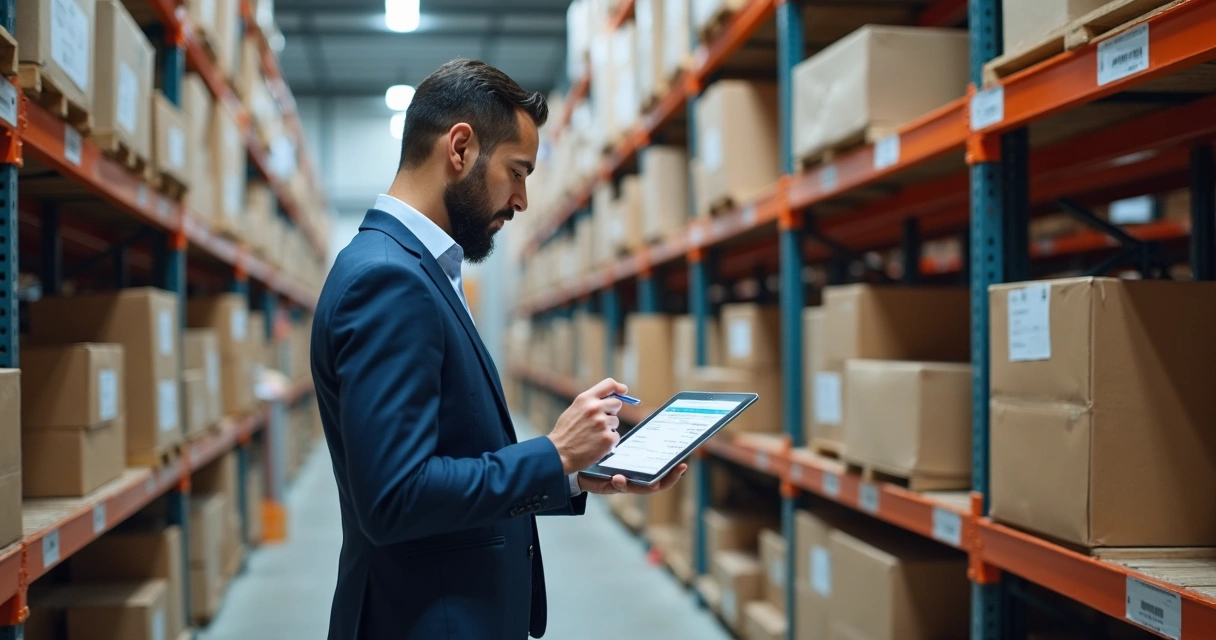 Empresário conferindo nota fiscal no estoque