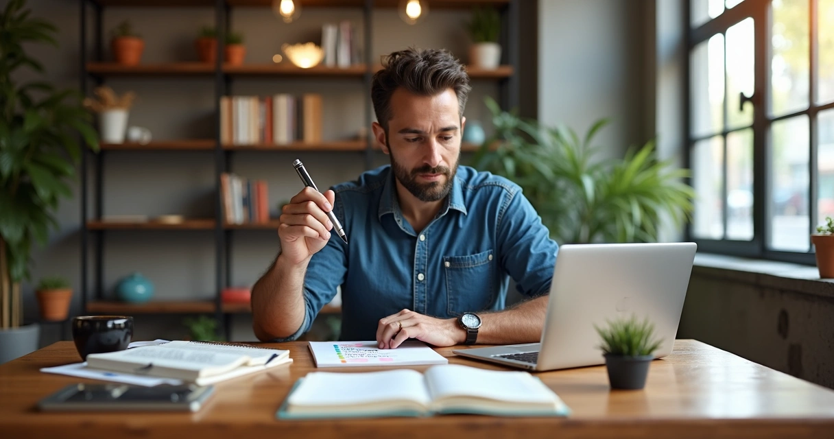 Empresário organizando notas de conhecimento em mesa com cadernos e tablet 