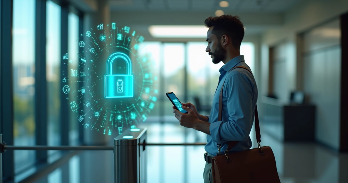 Empresário usando celular para autorizar conexão bancária segura via Open Finance em escritório moderno 