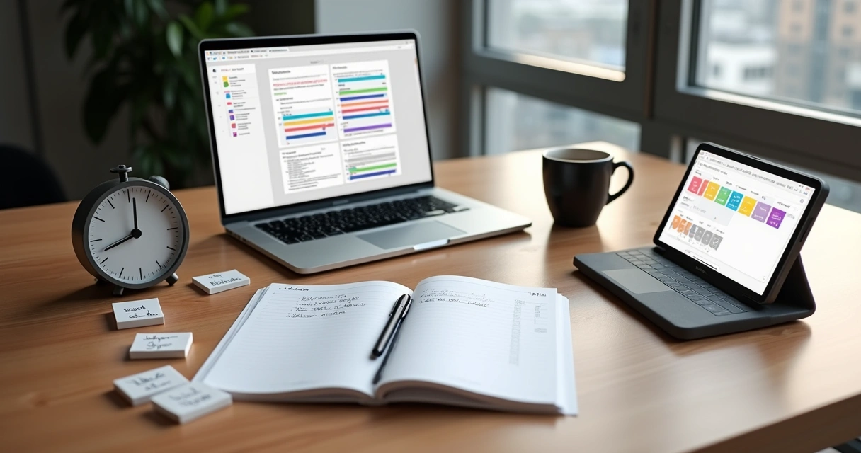 Empresário organiza tarefas em mesa com notebook, planner e smartphone abertos 