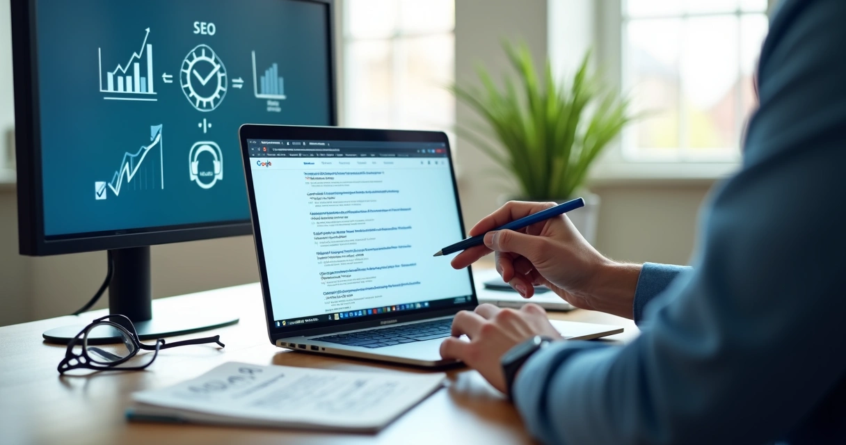 Empresário analisando title tag de site em tela com resultados do Google 