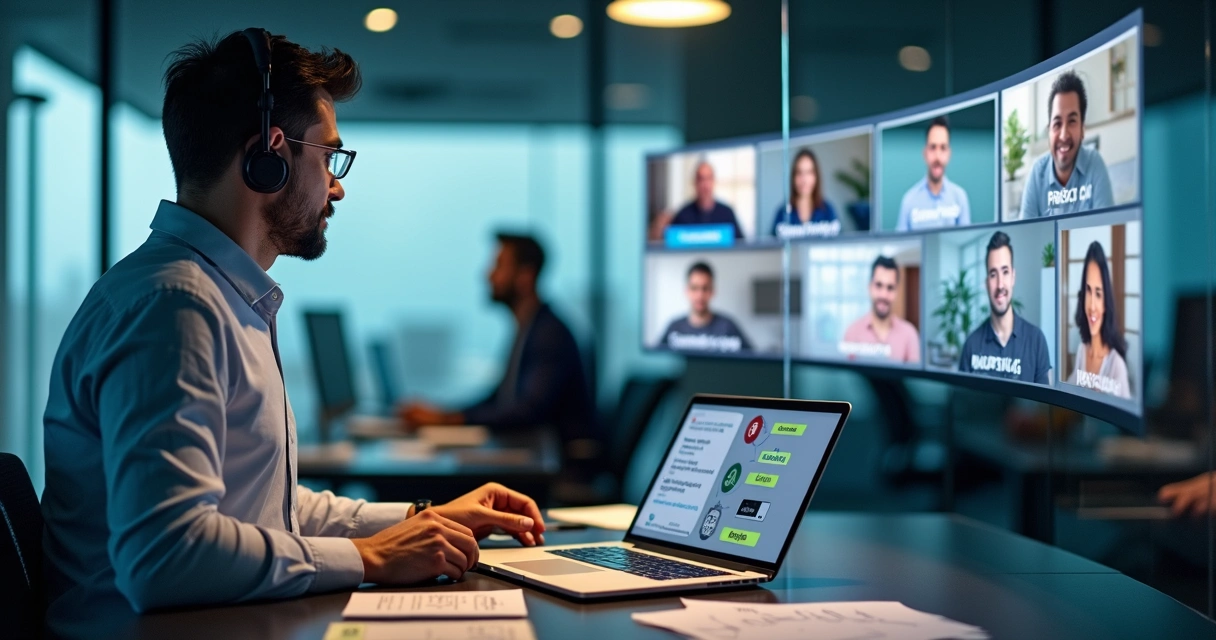 Empresário em cabine de call center ouvindo atenção às telas com feedback de clientes 