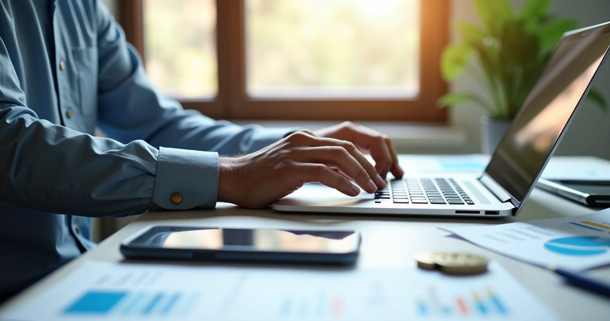 Empresário em frente ao laptop realizando transferência bancária do pró-labore 