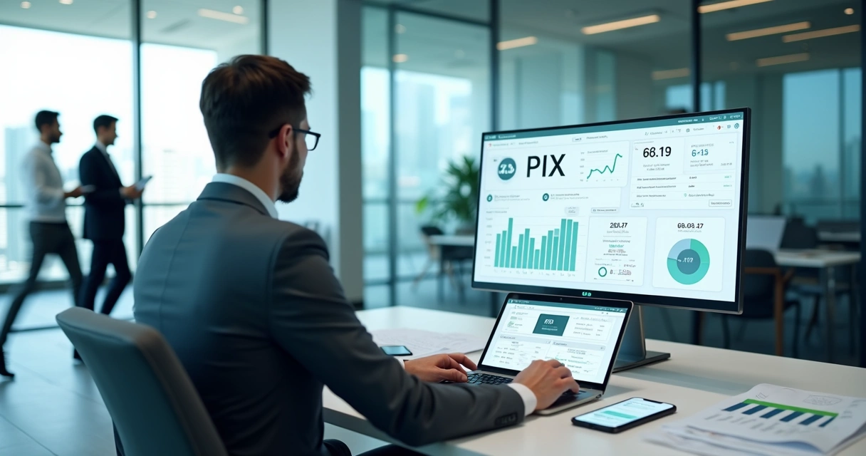 Executivo analisando painel financeiro com destaque para pagamentos via PIX 