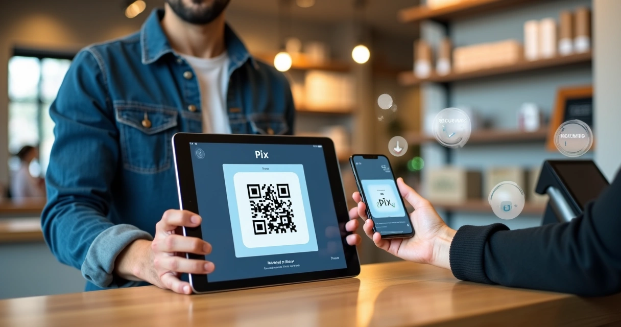 Empresário recebendo pagamento via QR Code Pix estático em tablet sobre balcão de loja 