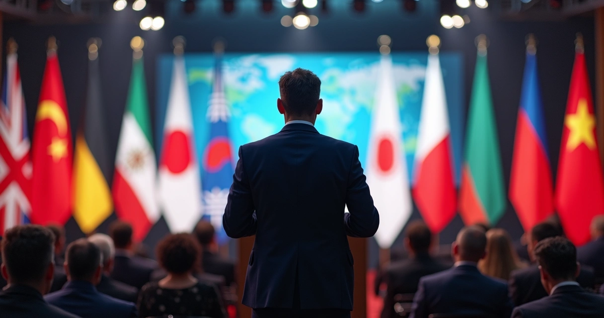 Homem em traje social em conferência internacional com bandeiras de vários países no fundo