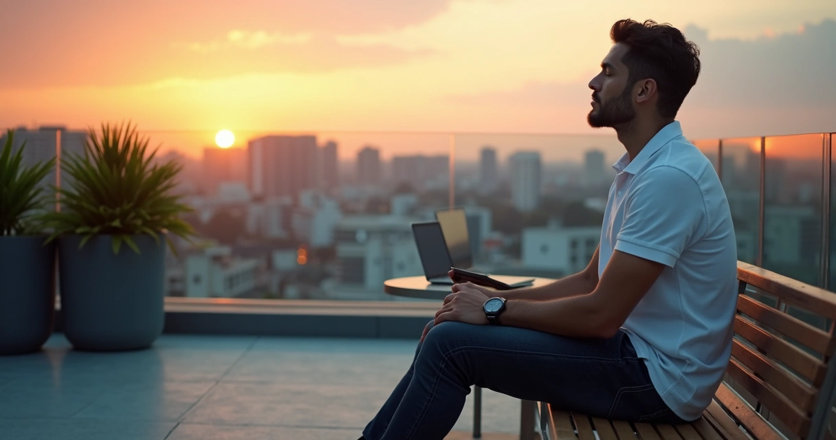 Empresário faz pausa ao ar livre no terraço olhando a cidade ao fundo 