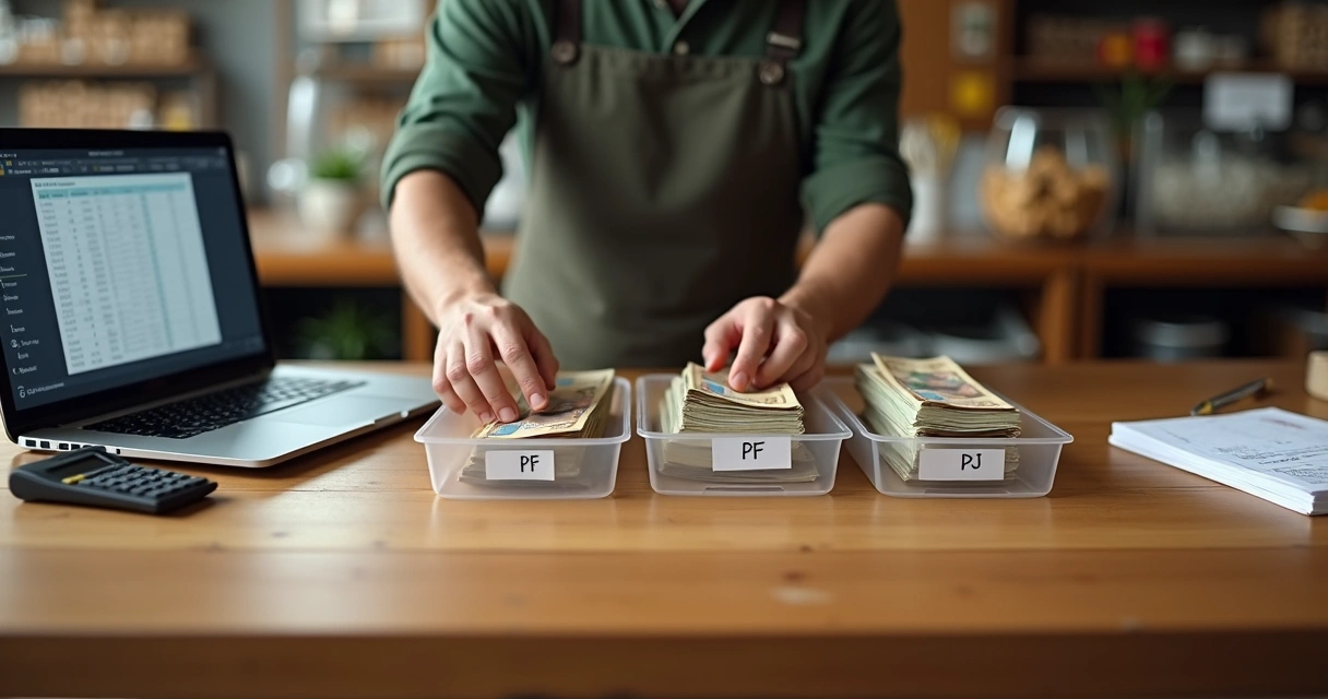 Dono de pequena empresa organizando dinheiro em espécie e comprovantes em um balcão simples 